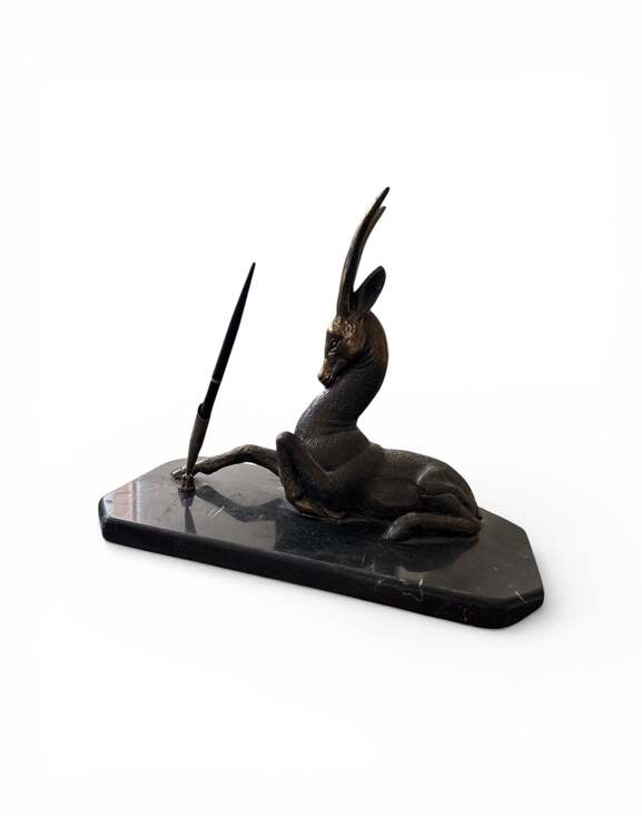 Vintage French Art Deco Spelter Gazelle Statue on Marble Base Pen Holder - Picture 7 of 7
